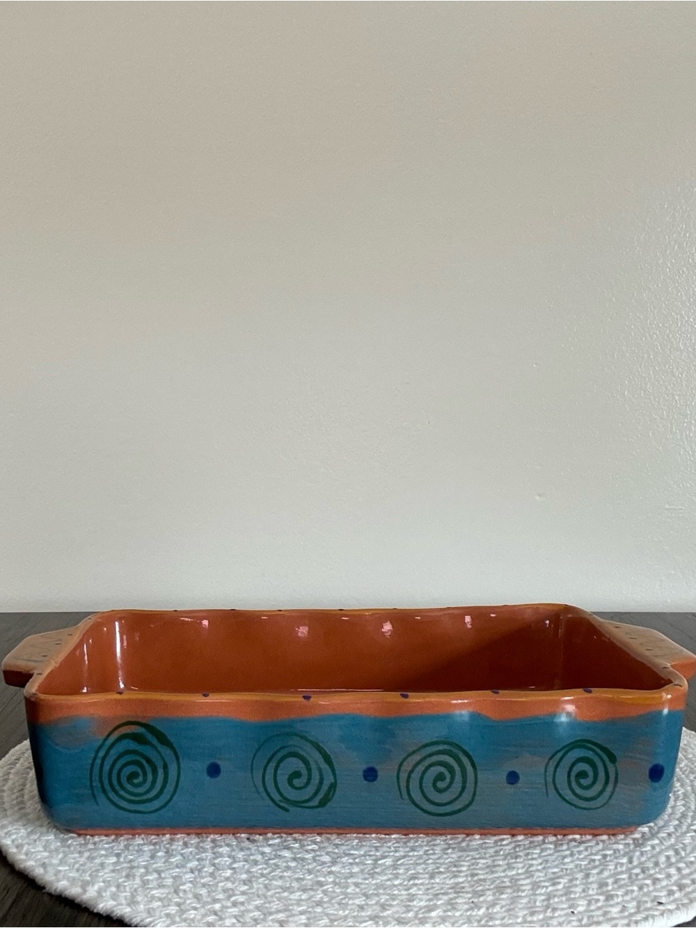 Handmade Ceramic Baking Dish in Terracotta & Teal with Spiral Motif
